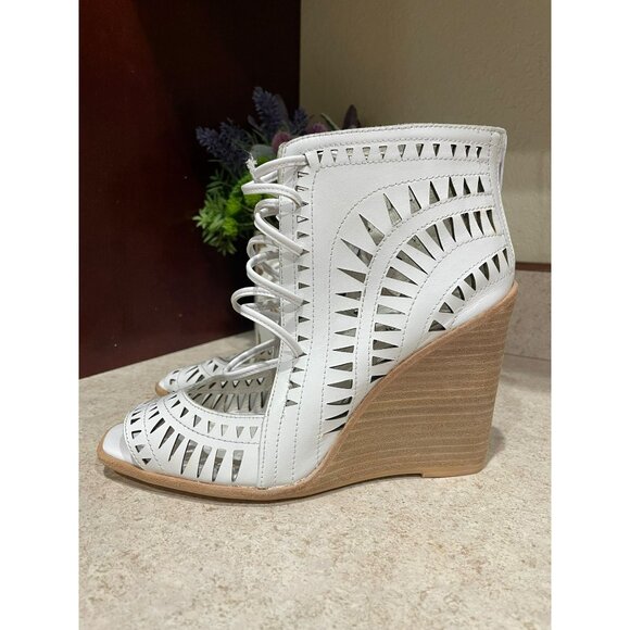 Jeffrey Campbell Rodolfo White Laser-Cut Lace-Up Open Toe Wedge Sandals Size 8 - Picture 6 of 12